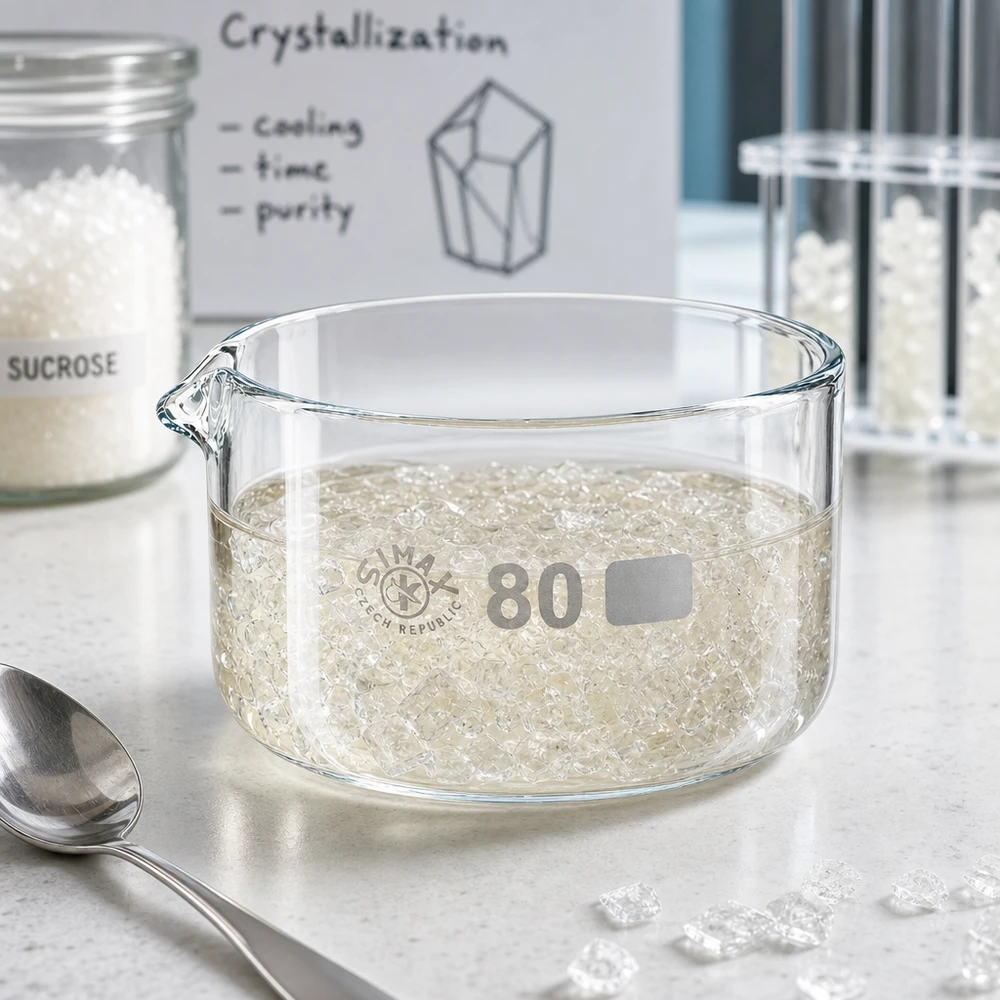Coupelle de cristallisation 150 ml avec bec verseur Coupelle de cristallisation de 150 ml utilisée pour l'expérience de cristallisation du saccharose avec des cristaux de sucre blanc de 80 mm de diamètre