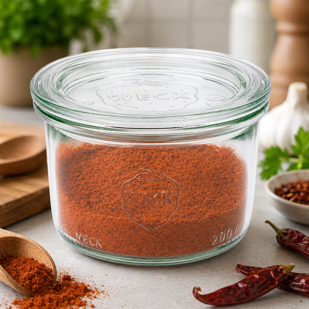 WECK Bocal 200ml RR80 rempli de paprika en poudre montre une conservation optimale des épices à côté des piments.