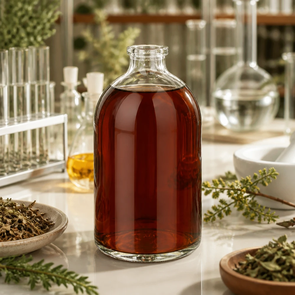 Flacon pour solution injectable, 100 ml en verre clair Kleine Klarglas Injektionsflasche 100ml mit dunklem Kräuterauszug zwischen Reagenzgläsern und Schalen