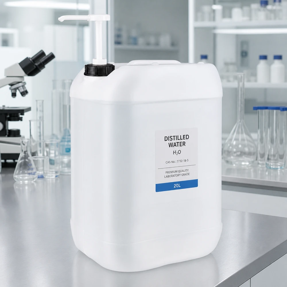 Jerrican de 25 litres avec pompe doseuse Bidon de laboratoire de 25 litres muni d'une pompe doseuse et rempli d'eau distillée, au laboratoire