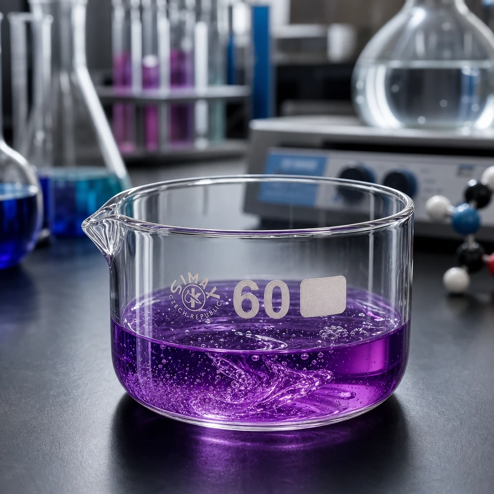 Coupelle de cristallisation 60 ml, solution violette en ébullition, expérience de laboratoire, verre borosilicaté, forme cylindrique plate