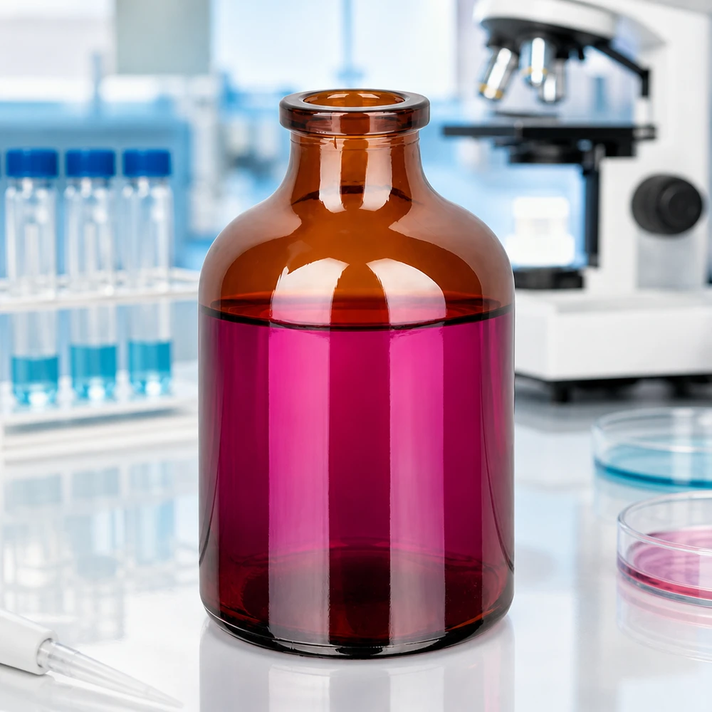 Flacon pour solution injectable, 50 ml en verre ambré Braunglas Injektionsflasche 50ml mit breitem Zylinderkörper und eingezogenem Hals im Labor