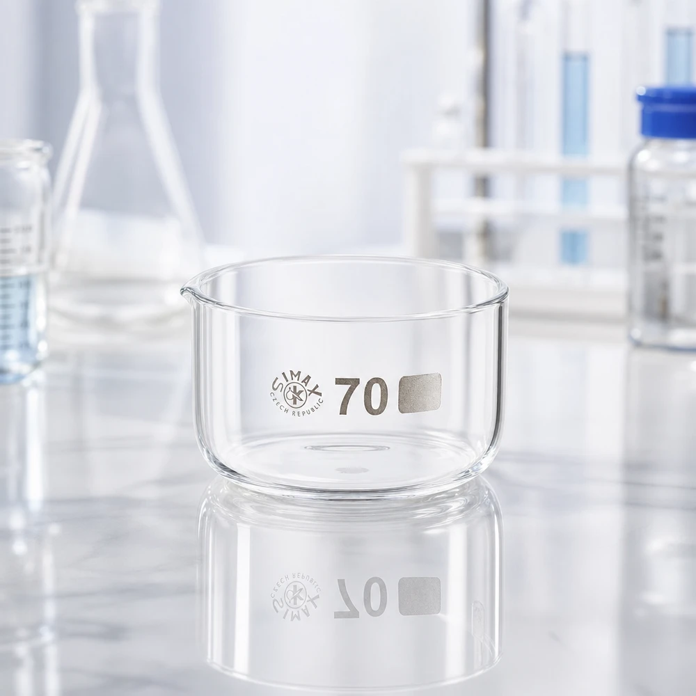 Bol en verre transparent de 100 ml, bol de cristallisation Simax, forme plate, diamètre de la base : 70 mm