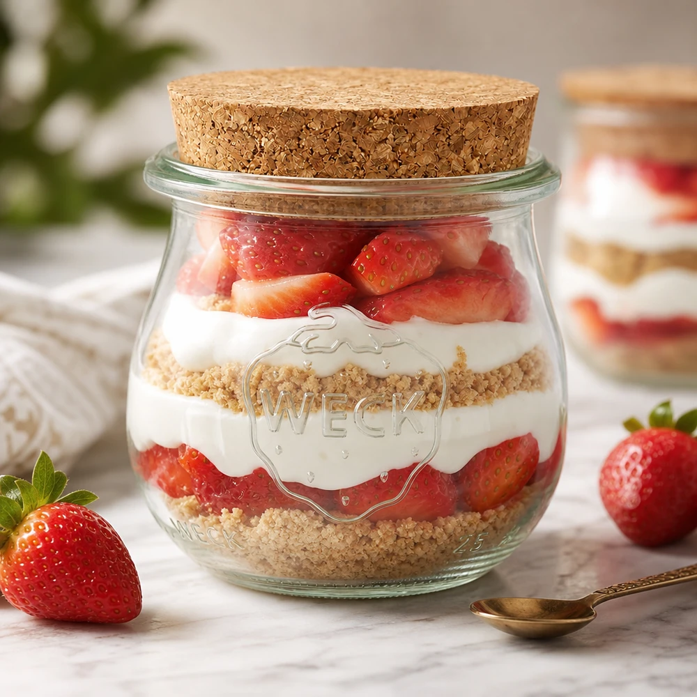 WECK Verre tulipe 75ml RR40 comme verre à dessert avec des fraises et de la crème en couches Bouchon en liège Dessert en verre