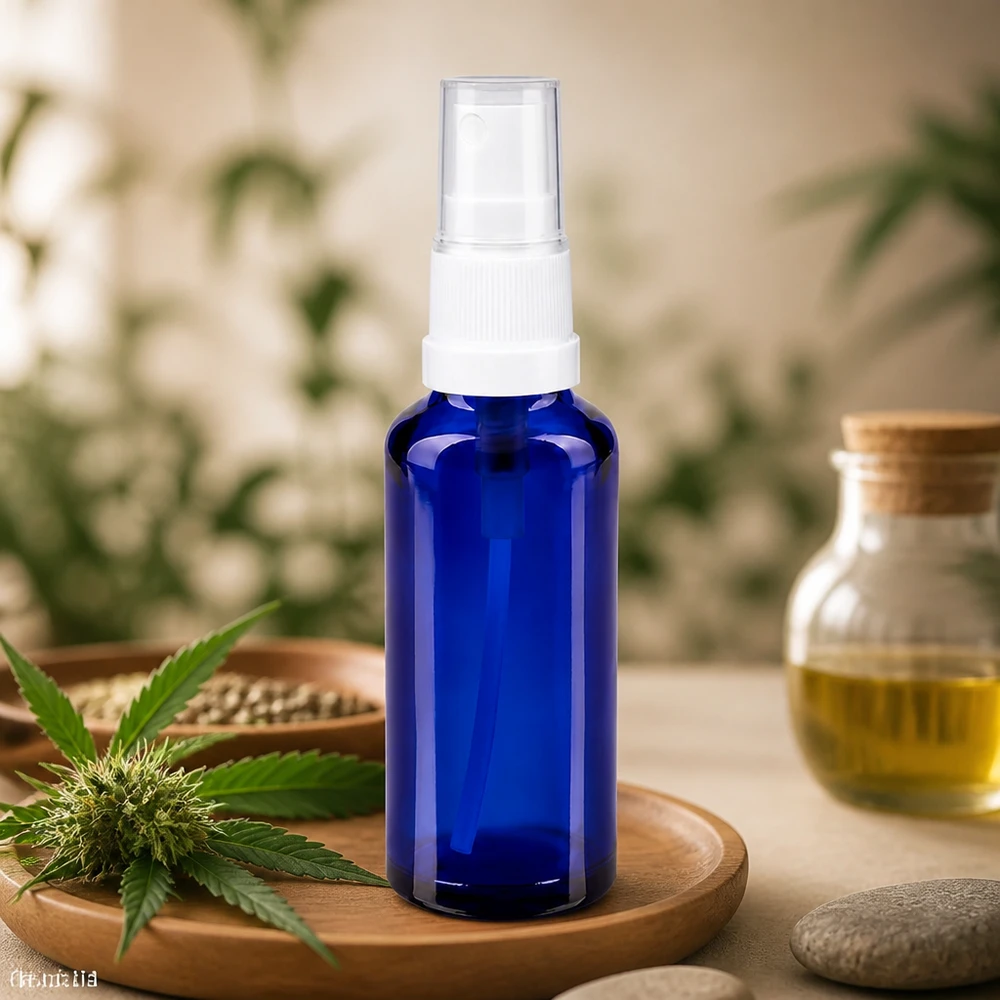 Flacon pulvérisateur ApoGlas bleu de 30 ml avec une pompe blanche, posé à côté d'une plante de cannabis et de graines de chanvre sur un plateau en bois