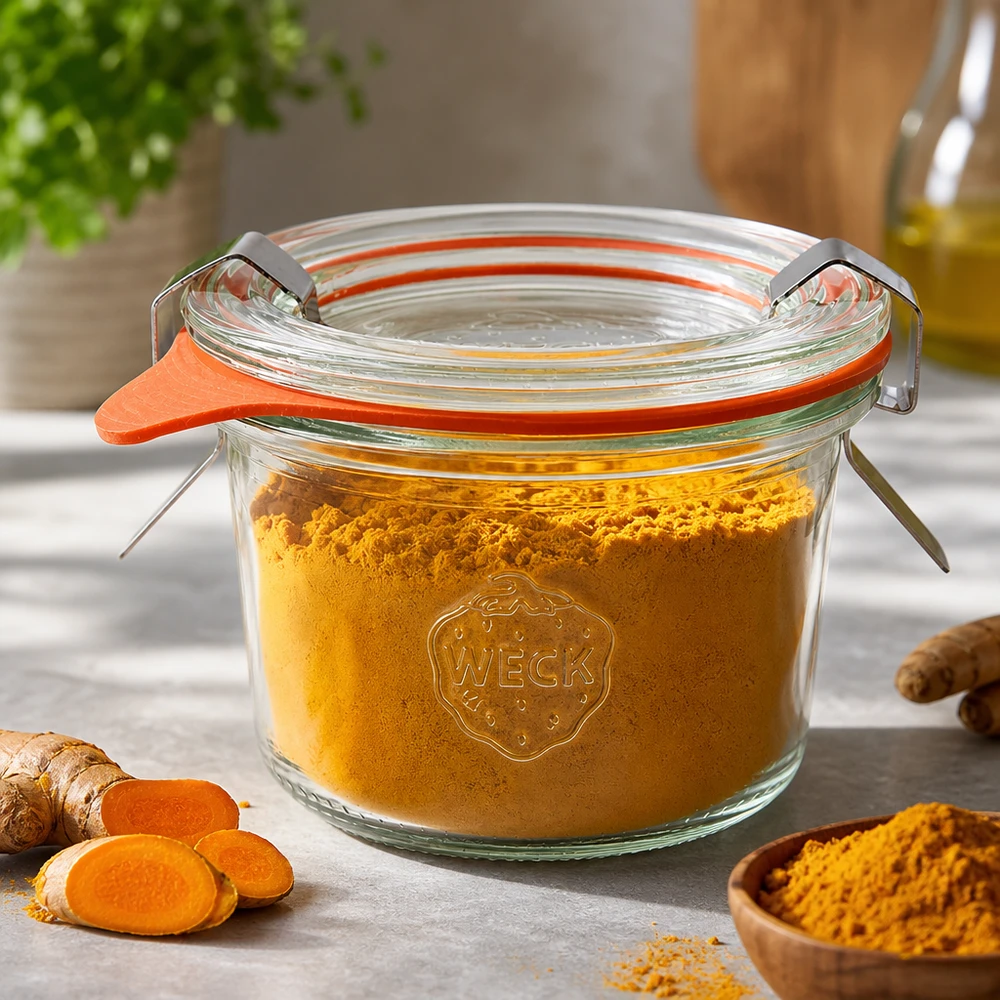 WECK Pot renversé 80ml RR60 rempli de poudre de curcuma montre le stockage hermétique des épices et des poudres