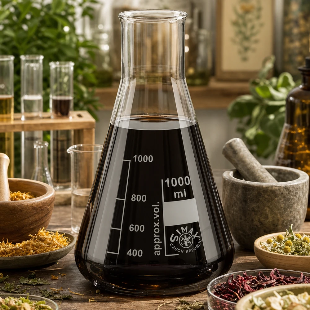 Fiole Erlenmeyer 1000ml en verre de laboratoire de haute qualité avec repères de mesure dans un environnement de travail naturel