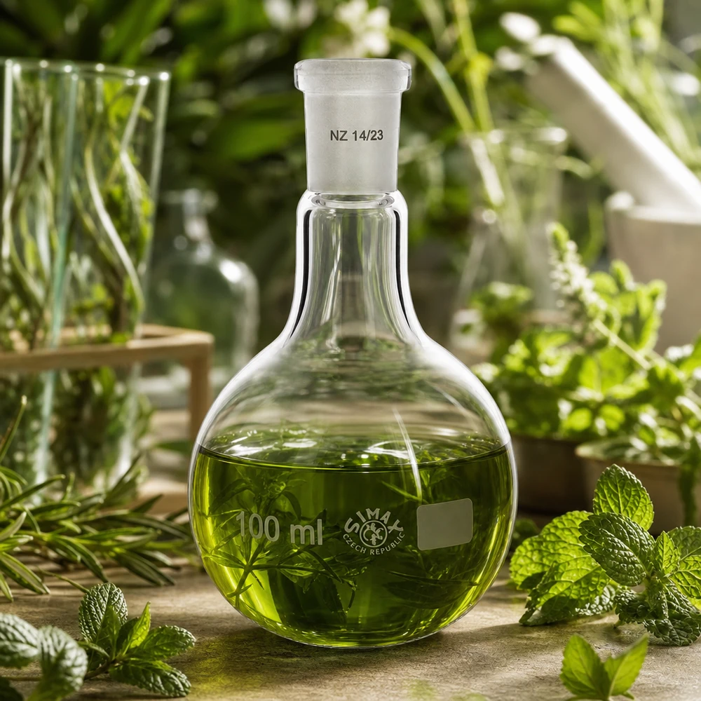 Ballon à fond plat 100 ml à col étroit, en verre borosilicate avec rodage normalisé 14/23 Flacons à rodage standard de 100ml avec extraits de plantes pour la recherche de substances naturelles