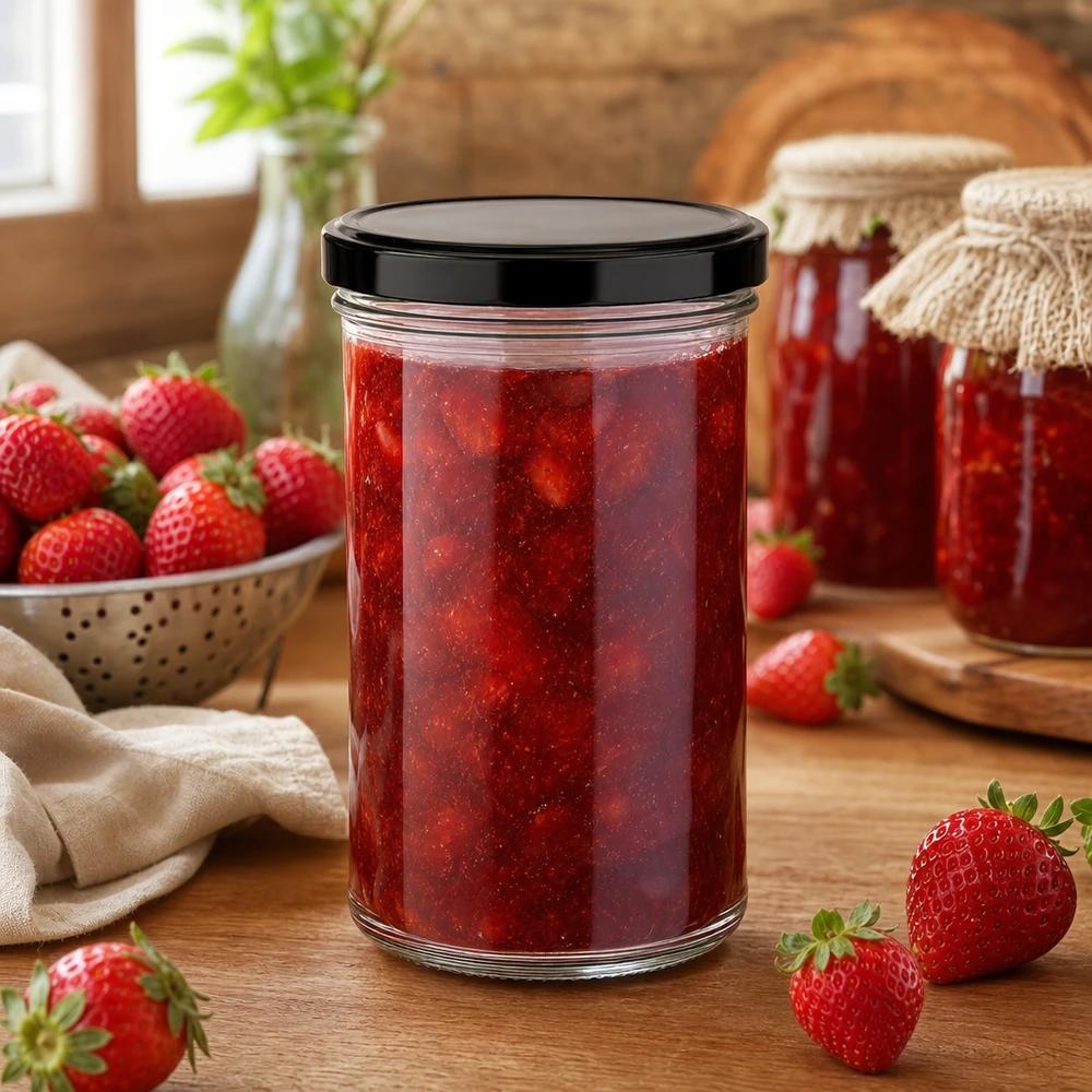 230ml Verre conique avec couvercle BasicSeal noir UNiTWIST 277ml Sturzglas gefüllt mit Erdbeermarmelade BasicSeal Deckel schwarz Einmachglas für Konfitüre und Aufstriche
