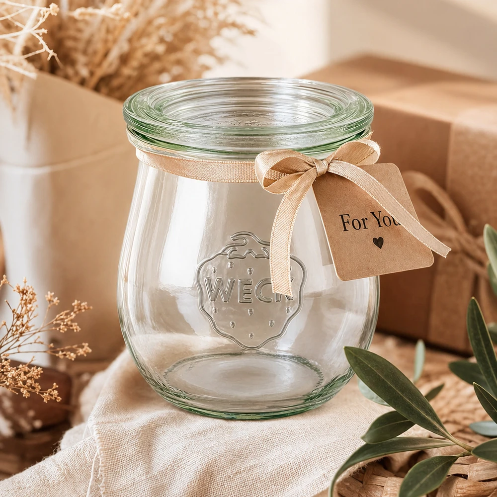 Bocal en forme de tulipe de 220 ml avec couvercle en verre WECK RR60 WECK Pot tulipe 220ml RR60 comme cadeau décoré avec un ruban beige et un pendentif For You dans une ambiance naturelle