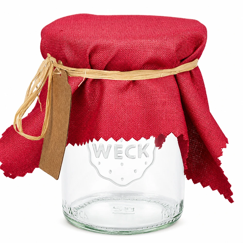 Tissu cache-bijoux bordeaux 15cm carré Cache-bijoux en tissu rouge bordeaux carré 15cm sur bocal WECK avec anneau en caoutchouc et étiquette en bois