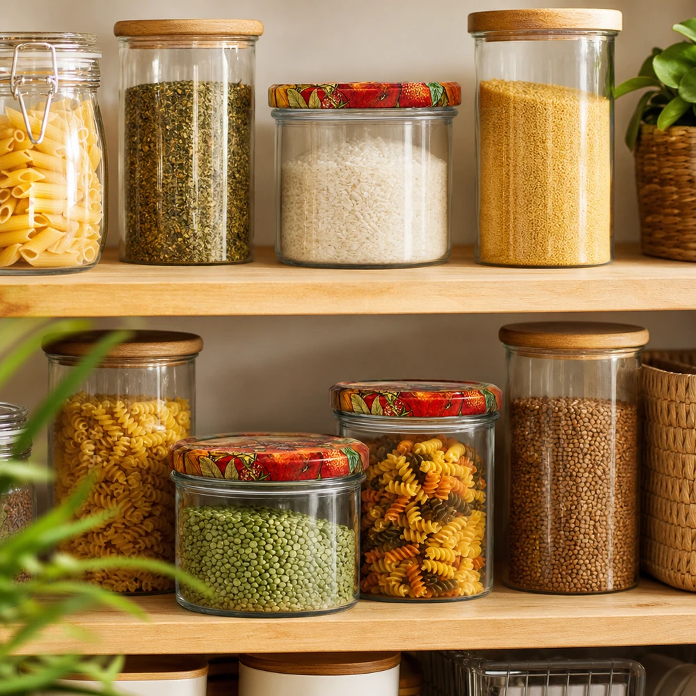 Stockage organisé avec des bocaux renversés de 225 ml décor fruits, remplis de pâtes, de riz et de légumineuses sur l'étagère