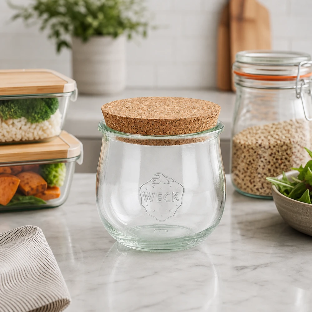 370ml bocal tulipe WECK RR80 avec bouchon nature WECK Pot tulipe 370ml RR80 Couvercle en liège dans la cuisine moderne à côté des boîtes à provisions et des récipients Meal Prep sur marbre