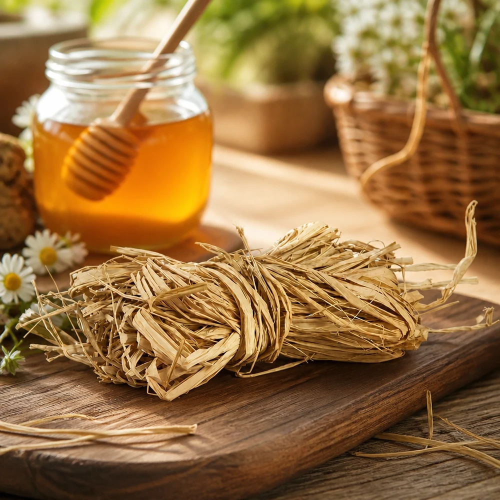 Ficelle naturelle pour la décoration, 30 g Raphia naturel 30g sur planche en bois avec miel et fleurs décoration rustique pour projets de bricolage naturels et emballage cadeau