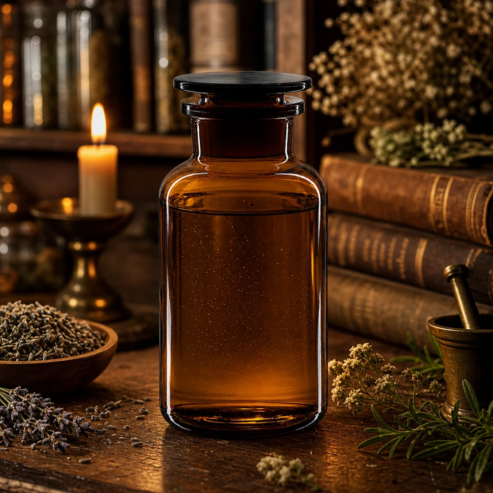 Flacon pharmaceutique 500 ml col large + bouchon verre ambré Bouteille à épaules arrondies de 500 ml, marron, à col large et bouchon en verre, pour huiles aux herbes et teintures
