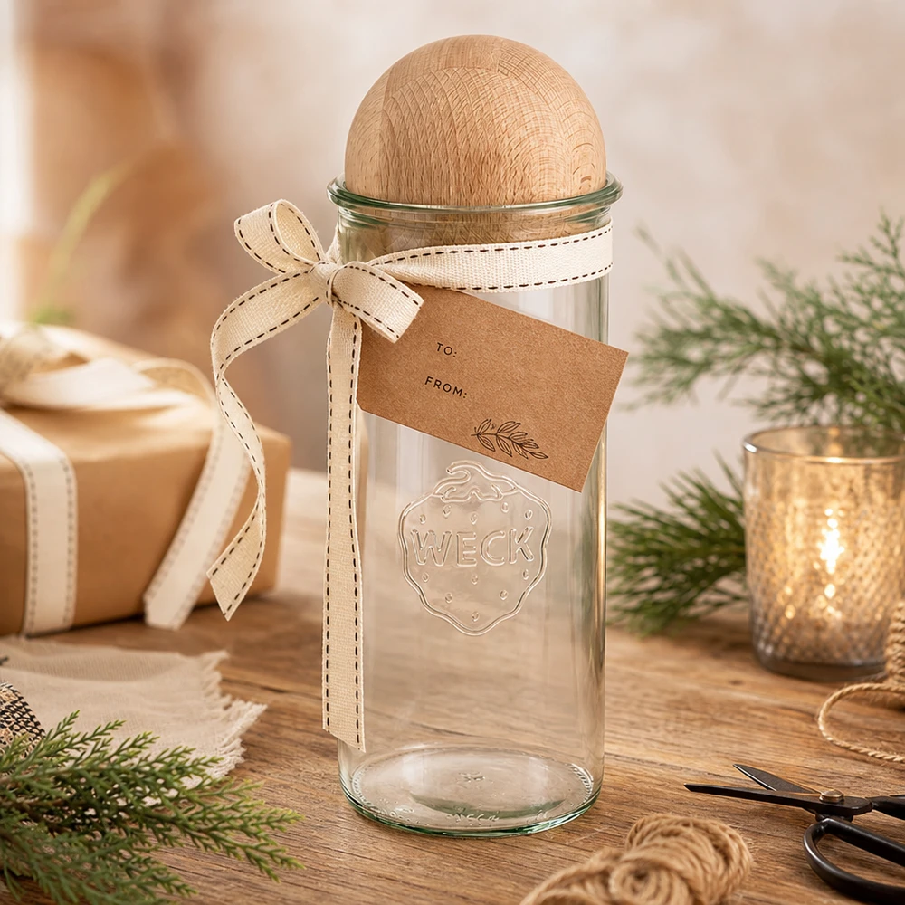 1500ml bocal conique WECK RR100 avec boule en bois en hêtre WECK Verre renversé 1500ml RR100 comme emballage cadeau avec boule en bois décorée de hêtre, ruban cadeau et pendentif