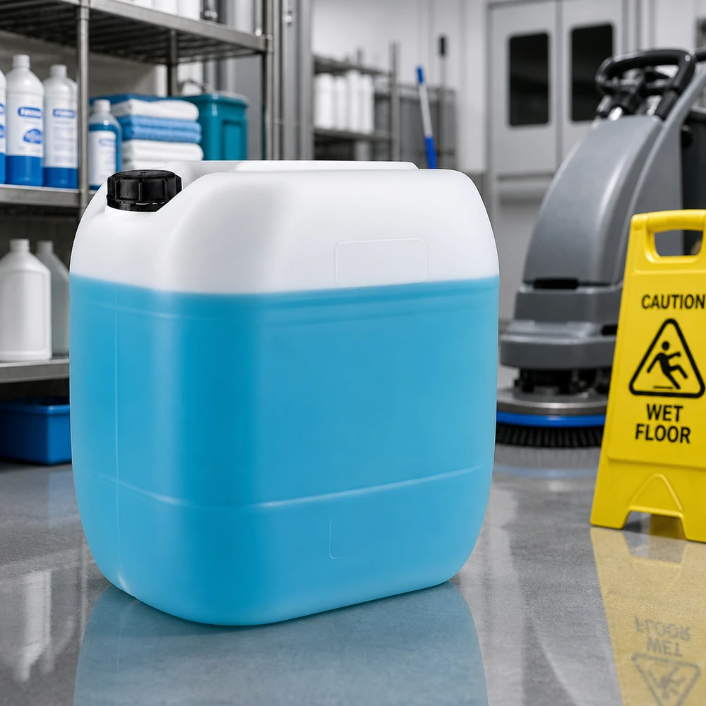 Jerrican de 30 litres avec bouchon à vis Bidon bleu de 30 litres avec bouchon à vis dans un environnement de nettoyage professionnel