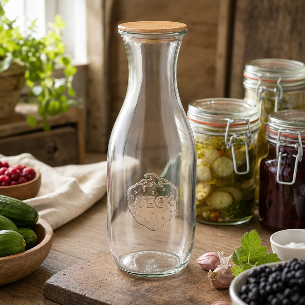 1062ml Bouteille à jus de fruits WECK RR60 avec couvercle en bois WECK Bouteille de jus de 1062ml avec couvercle en bois dans une cuisine rustique avec des bocaux de légumes et une décoration naturelle