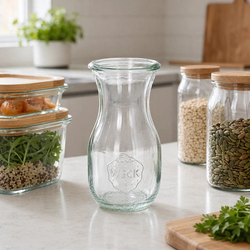 WECK Bouteille de jus 290ml RR60 vide dans une cuisine moderne avec des bocaux à provisions et une conservation durable