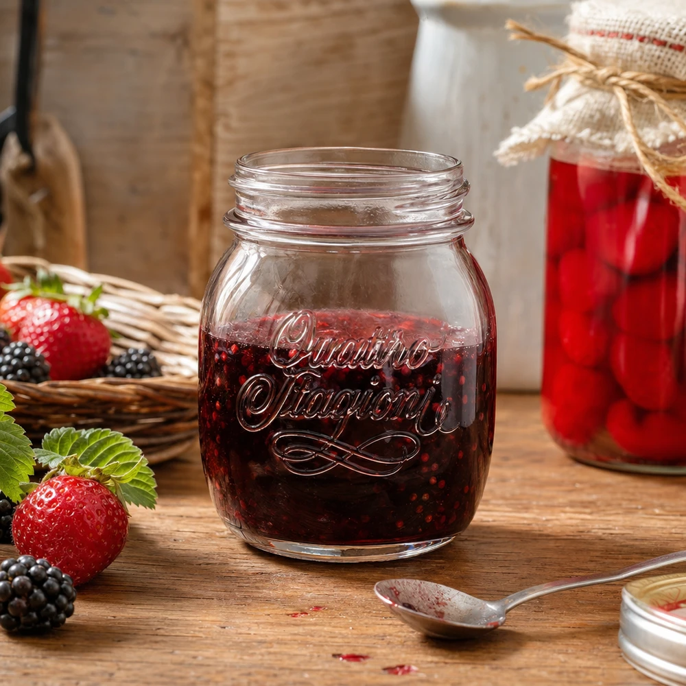Pot ménager Quattro Stagioni de 700 ml rempli de confiture de baies sur une table en bois avec des fraises et des mûres fraîches