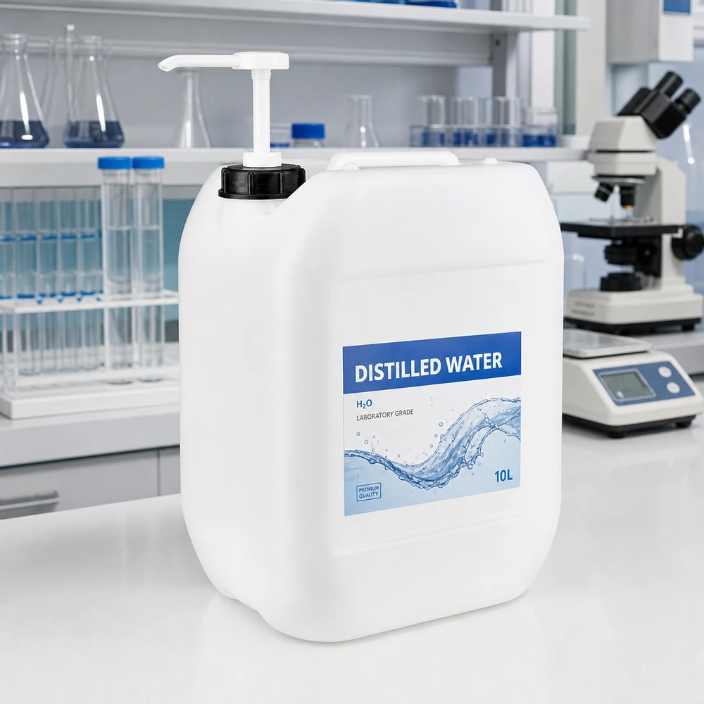 Jerrican de 10 litres avec pompe doseuse Bidon de laboratoire de 10 litres avec pompe pour l'eau distillée H₂O, destiné à un environnement de laboratoire professionnel