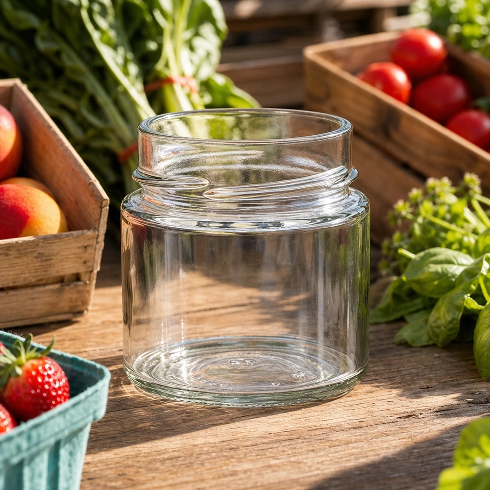 UNiTWIST Runda135 Pot rond 135ml TO58deep Pot de conservation sur table en bois avec fruits et légumes frais