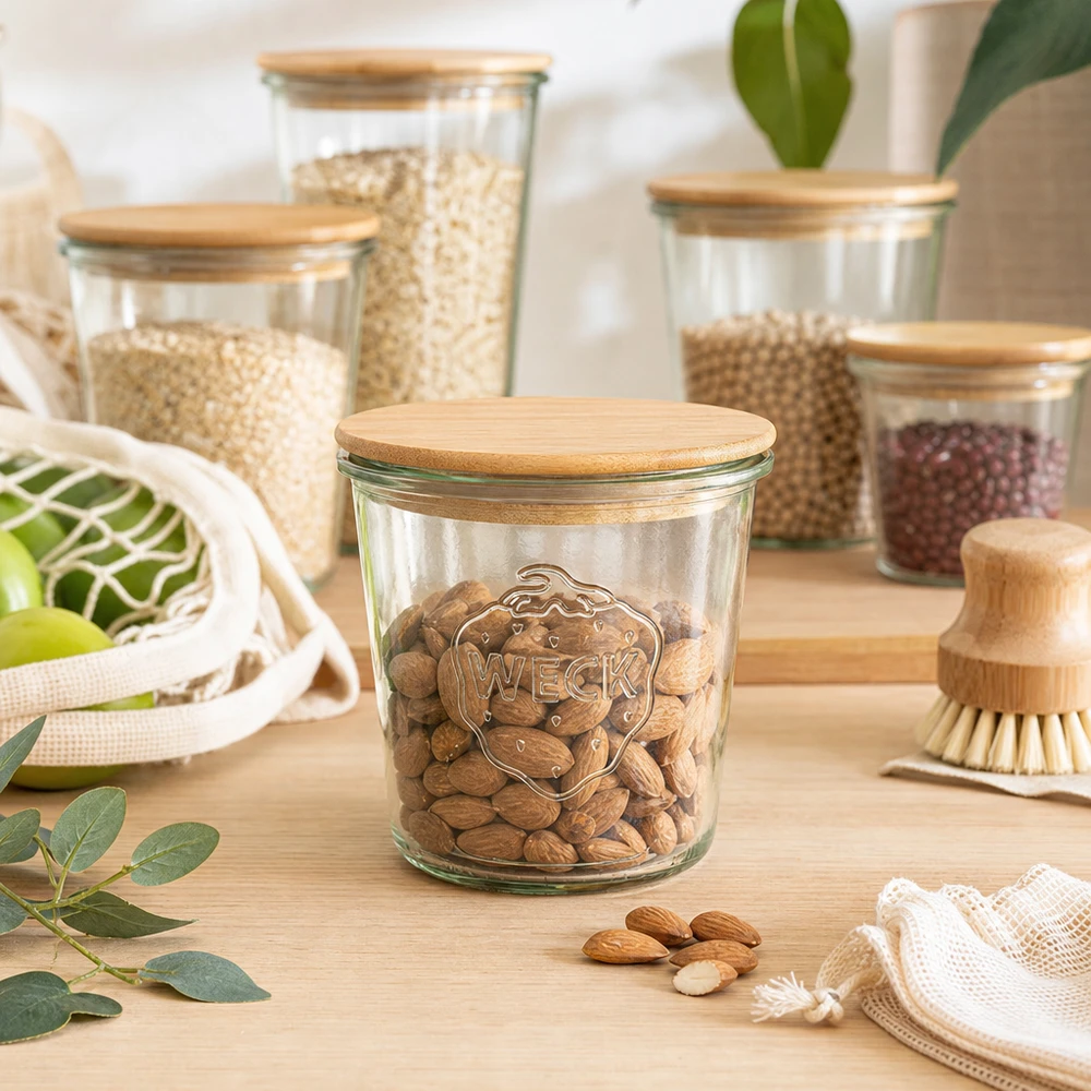 WECK Pot renversé 580ml avec couvercle en bois comme bocal de conservation pour les noix dans une organisation de cuisine durable