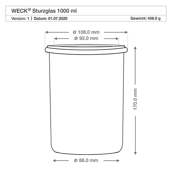 Dessin technique WECK verre renversé 1000ml RR100 avec dimensions, diamètre 108mm, hauteur 170mm, poids 456g