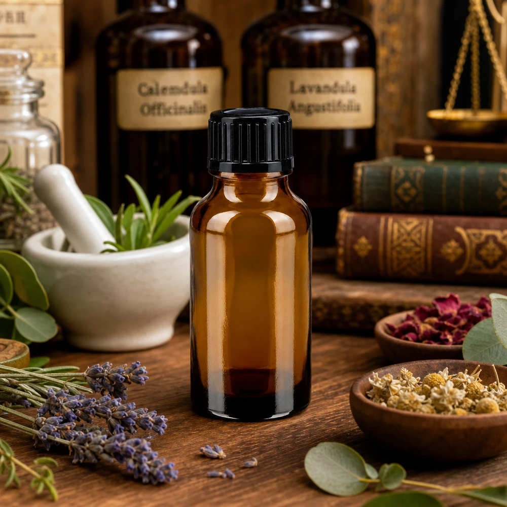 Flacon à pharmacie marron 20ml bouchon vissable noir standard Flacon en verre brun de 20 ml avec bouchon noir, à côté des teintures de calendula et de lavande officinale