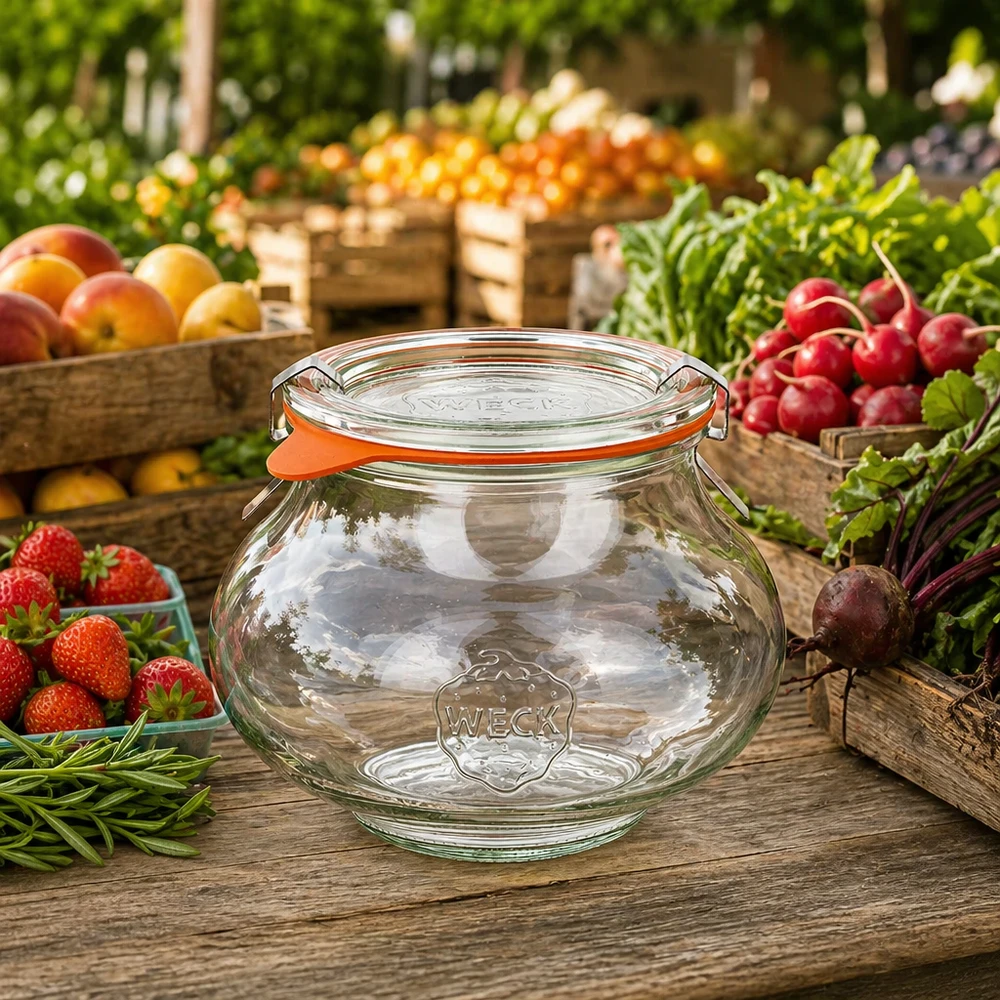 Bocal décoratif WECK RR80 de 560 ml, complet WECK Pot à bijoux 560ml RR80 sur table en bois parmi des fruits et légumes frais, scène de marché naturelle avec pot de conserve