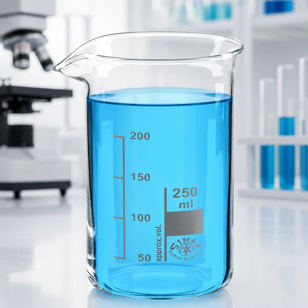 Bécher vide de 250 ml, de forme haute, en verre borosilicaté, muni d'un bec verseur, posé sur un plan de travail de laboratoire blanc