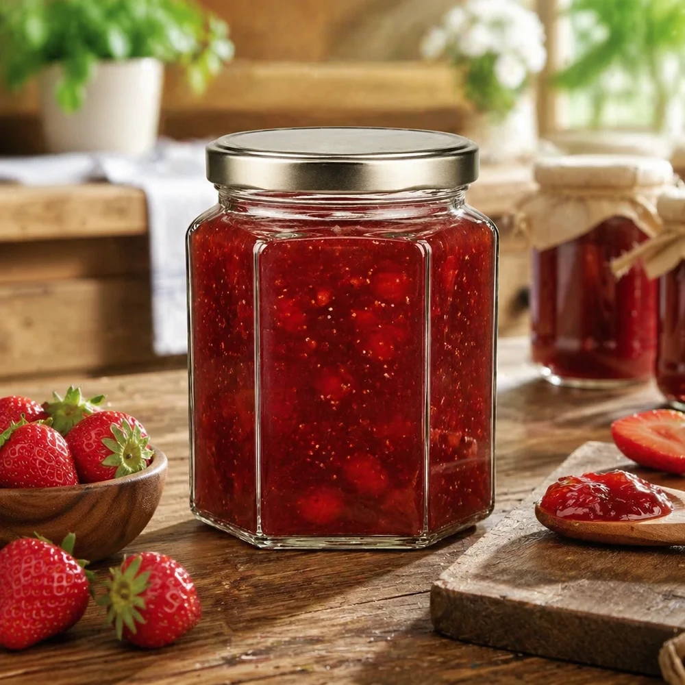 288ml Hexaglas mit silbernem BasicSeal Deckel gefüllt mit Erdbeermarmelade - perfekt für hausgemachte Konfitüre