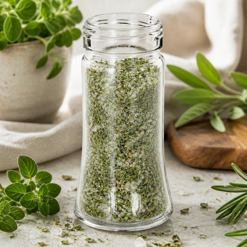 Pot à épices Bobby de 95 ml, rempli d'herbes séchées et de sel, entouré d'herbes fraîches