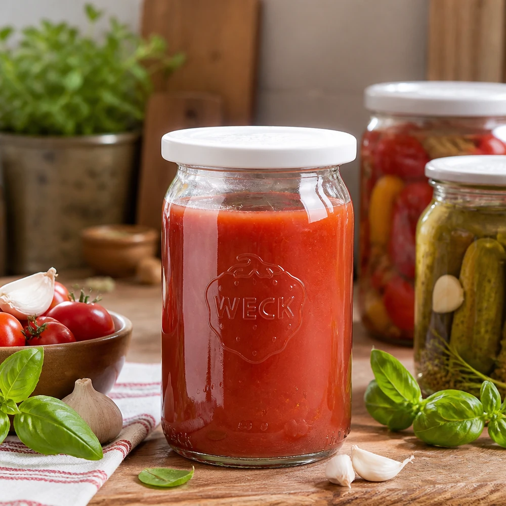 WECK RR40 Pot de conserve 145ml rempli de sauce tomate rouge dans une cuisine rustique avec des herbes et des légumes frais