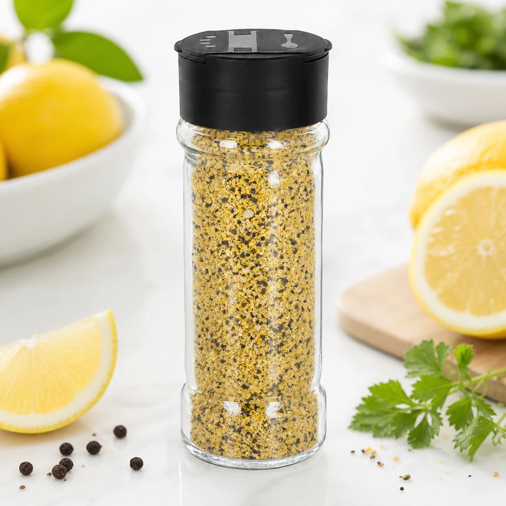 Pot à sel/épices 100 ml avec double saupoudreuse, noir Mélange d'épices au poivre citronné dans un bocal en verre transparent de 100 ml muni d'un couvercle noir à double saupoudreuse