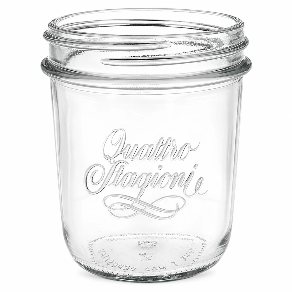 Pot vide Quattro Stagioni de 320 ml avec filetage QS86mm et inscription élégante pour la mise en bocaux et les conserves