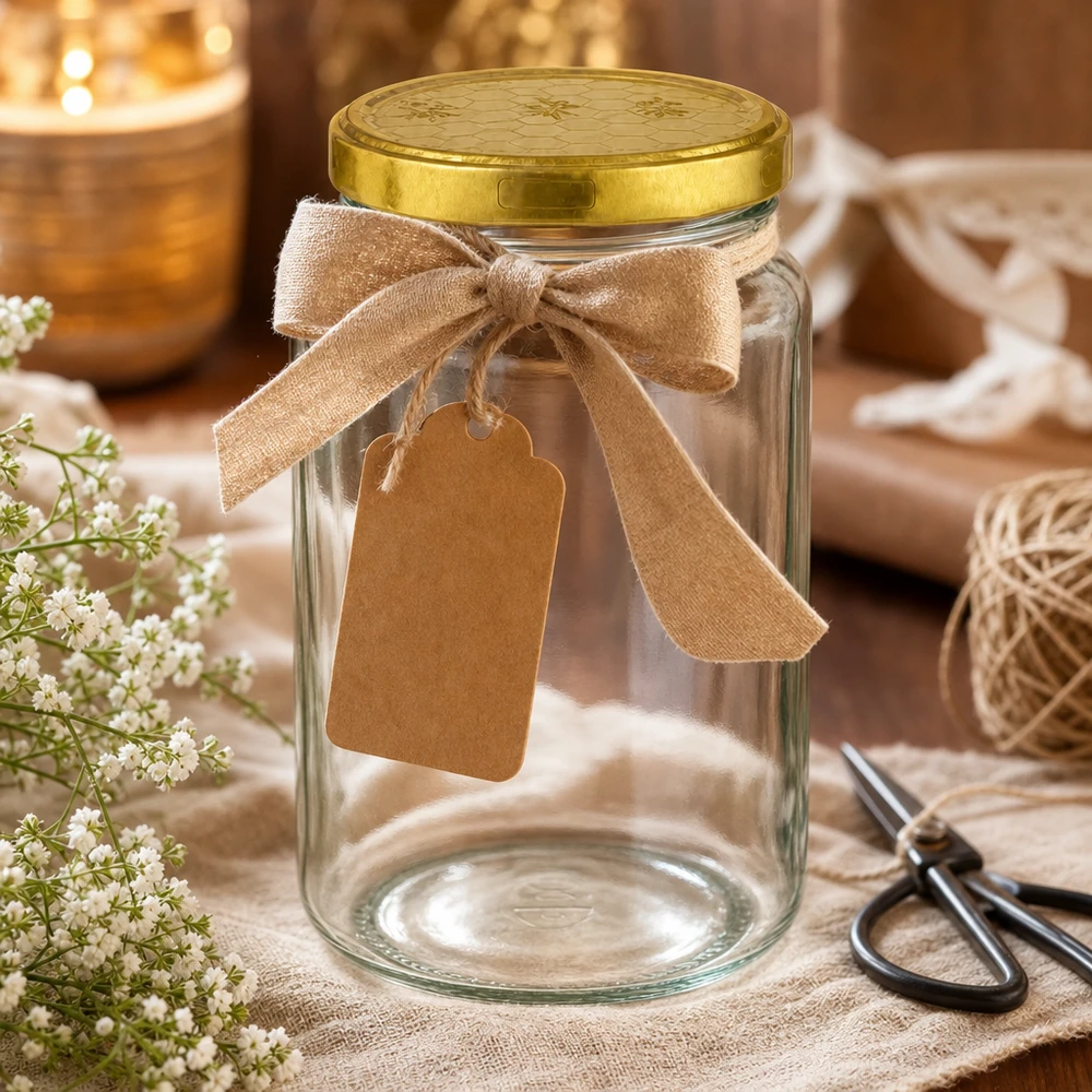 Verre rond de 795 ml avec couvercle doré en nid d'abeille comme emballage cadeau décoré d'un ruban et d'un pendentif