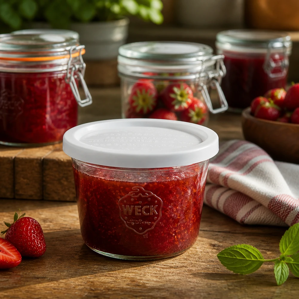 Bocal en verre de 370 ml avec couvercle hermétique WECK RR100 WECK Pot renversé 370ml RR100 rempli de confiture de fraises dans une cuisine rustique à côté de fraises fraîches et de bocaux à conserves