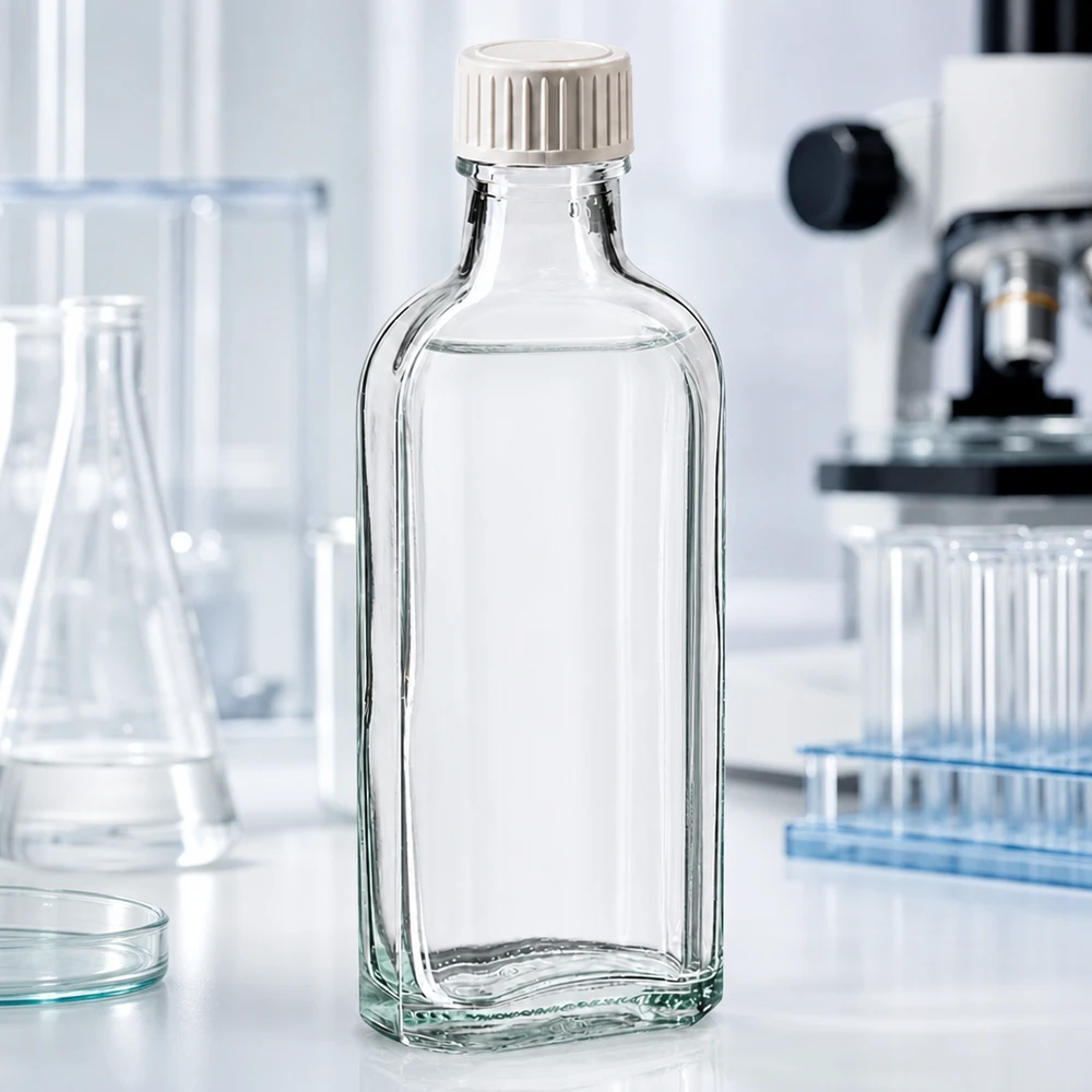 Flasque transparente de 100 ml au goulot DIN 22, avec bouchon à vis DIN 22 blanc en PP et joint mousse en PE Flacon de laboratoire plat de 100 ml en verre transparent avec bouchon à vis en plastique blanc