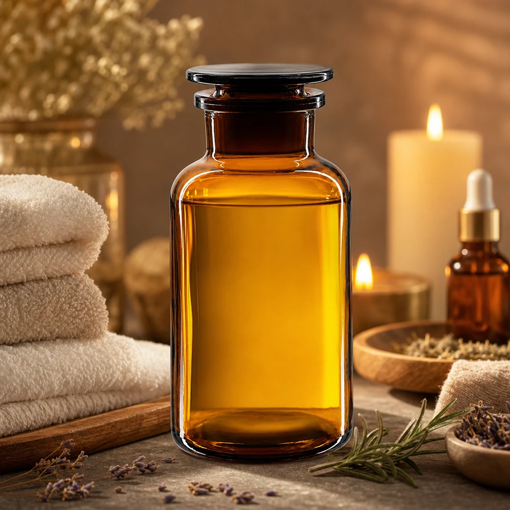 Flacon à épaules arrondies de couleur ambre, 500 ml, à col large et bouchon en verre, pour huiles essentielles