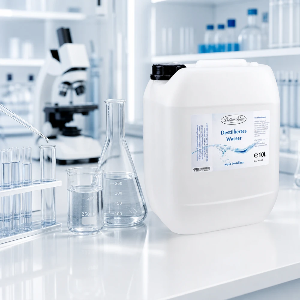 Eau distillée Doktor Klaus - Aqua dest 10 litres en jerrican premium teinte naturelle 10L d'eau distillée Doktor-Klaus en grand conditionnement de réserve pour l'équipement professionnel de laboratoire