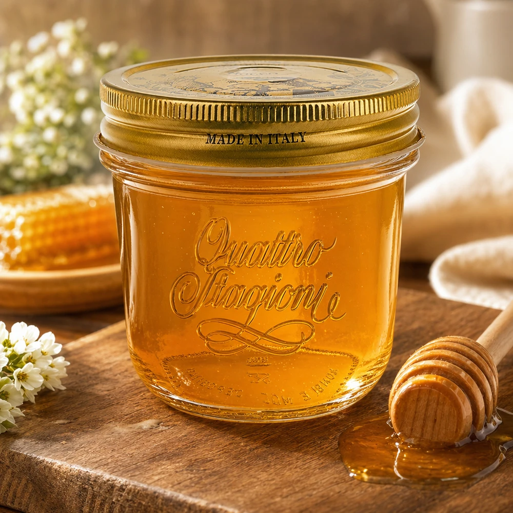 Verre renversé de 200 ml « Quattro Stagioni » avec couvercle 200ml Quattro Stagioni Verre renversé avec couvercle doré rempli de miel sur table en bois avec cuillère à miel et fleurs