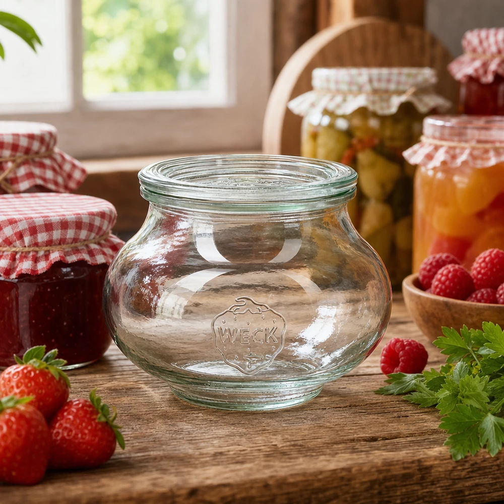 WECK RR80 Pot de conservation de 560ml décoré dans une cuisine rustique avec des confitures de fruits et autres bocaux de stockage