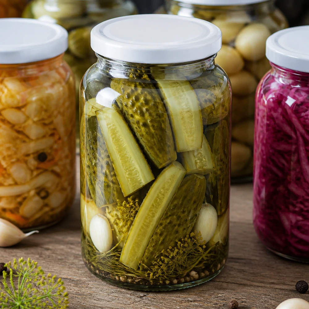 1700ml Verre rond avec couvercle BasicSeal blanc UNiTWIST Bocal rond de 1700ml pour cornichons marinés avec couvercle BasicSeal montre la conservation des légumes.