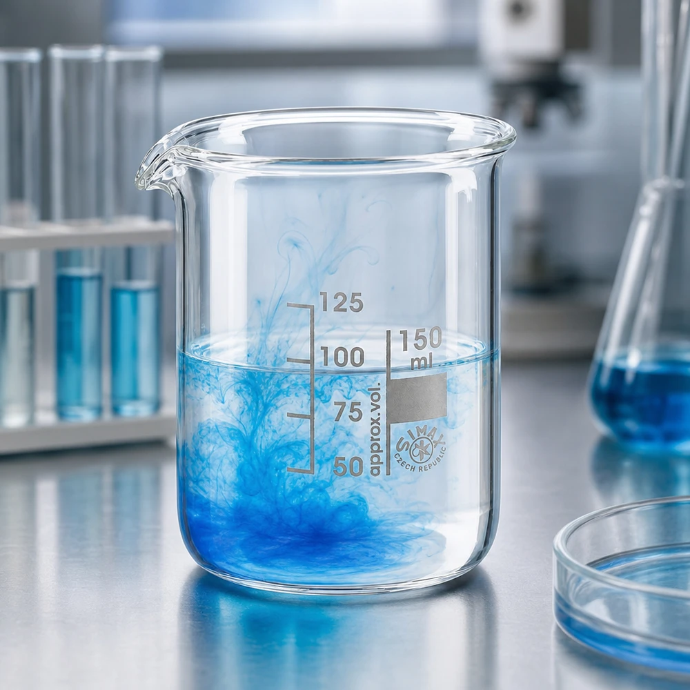 Gobelet en verre borosilicaté résistant à la chaleur 150ml avec liquide bleu dans un laboratoire moderne