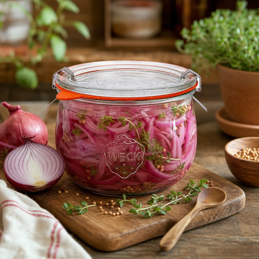 WECK Pot tulipe 580ml RR100 rempli d'oignons rouges marinés, arrangé de manière décorative avec des herbes sur une planche en bois