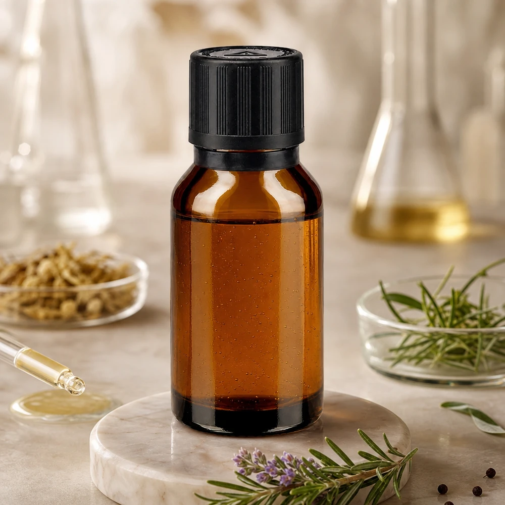 flacon à pharmacie brun 15ml bouchon inviolable 1mm noir sécurité enfant adapté aux aveugles bouchon inviolabilité Flacon de pharmacie de 15 ml de couleur ambre, muni d'un compte-gouttes, entouré de romarin et de verrerie de laboratoire