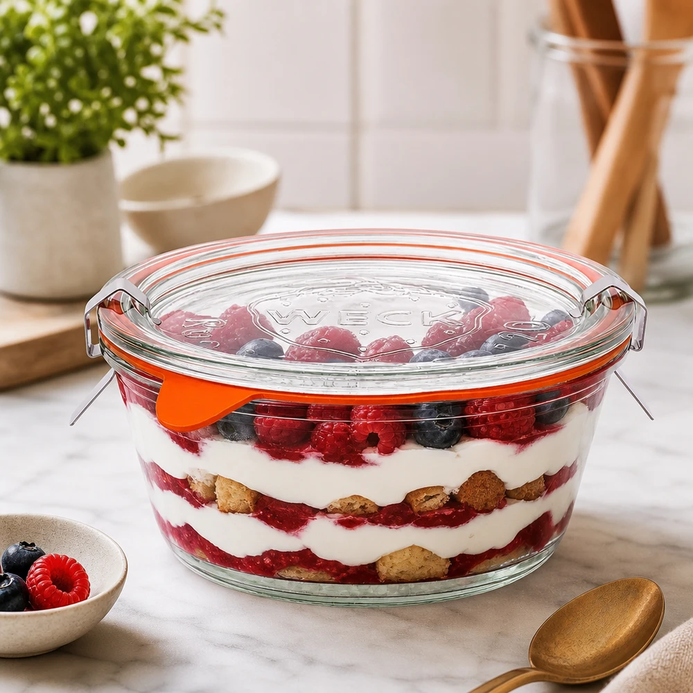 300ml bocal gourmet complet WECK RR120 WECK Pot Gourmet 300ml RR120 rempli de dessert aux baies stratifié, trifle dans un conteneur en verre avec couvercle