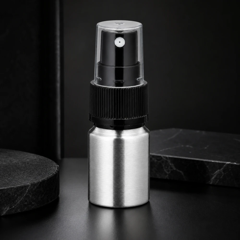 Bouteille en aluminium poncé 10 ml, avec vaporisateur à pompe noir Vaporisateur pratique de 10 ml en aluminium - une dose parfaite pour la routine cosmétique quotidienne