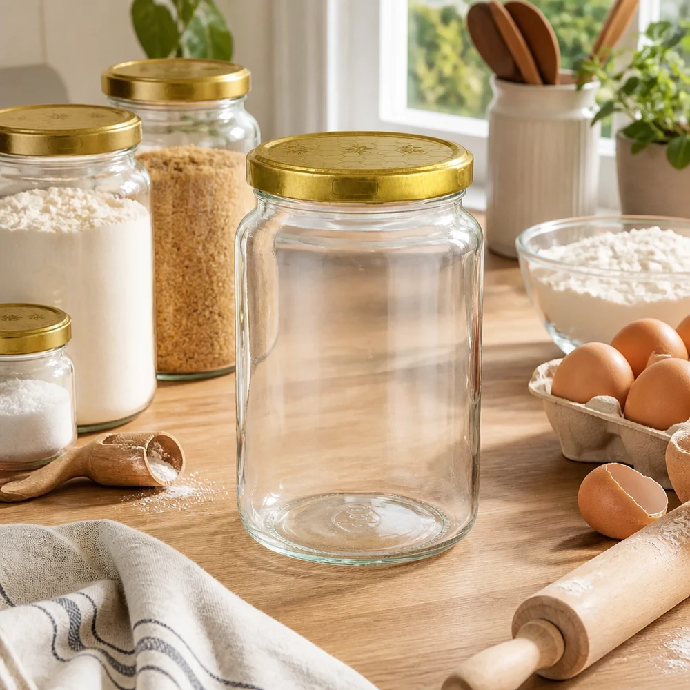 795ml Verre rond avec couvercle BasicSeal nid d'abeilles UNiTWIST Verre rond vide de 795 ml avec couvercle doré en nid d'abeille dans une scène de cuisine avec des œufs et des ingrédients de pâtisserie